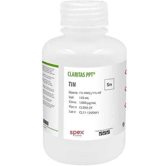 Spex CLSN2-2Y Claritas PPT® Grade Tin, 1,000 µg/mL for ICP-MS in 1% HNO3/1% HF; 125 mL
