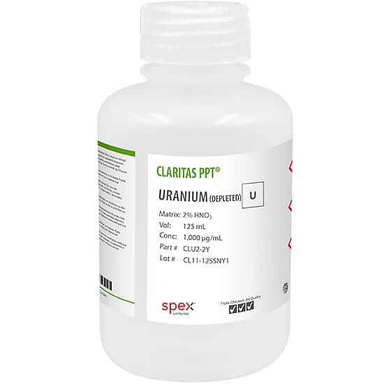 Spex CLU2-2Y Claritas PPT® Grade Uranium (Deplt), 1,000 µg/mL in 2%HNO3; 125mL