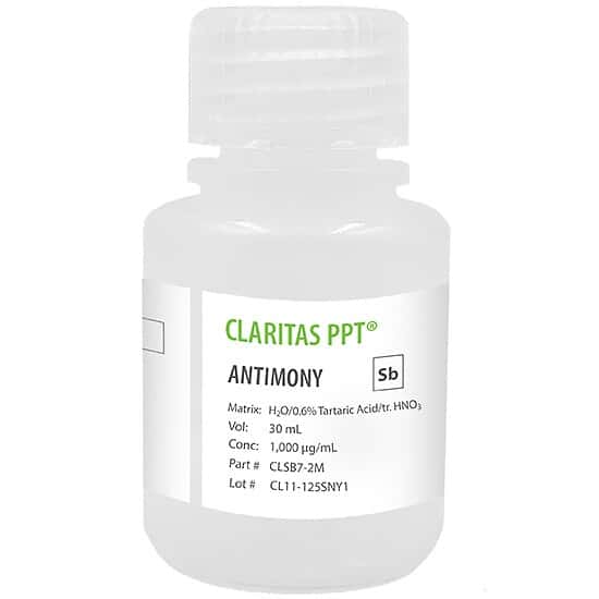 Spex CLSB7-2M Claritas PPT® Grade Antimony, 1,000 µg/mL for ICP-MS in H2O/0.6% Tartaric Acid/tr. HNO3; 30 mL