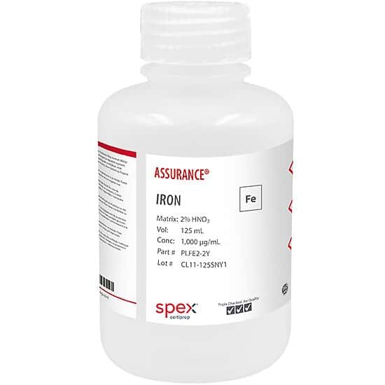 Spex PLFE2-2Y Assurance® Grade Iron, 1,000 µg/mL, for AA and ICP in 2% HNO3; 125 mL