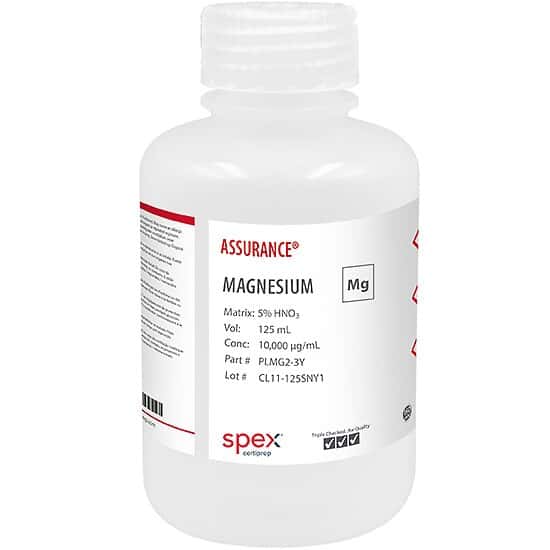 Spex PLMG2-3Y Assurance® Grade Magnesium, 10,000 µg/mL for AA and ICP in 5% HNO3, 125 mL