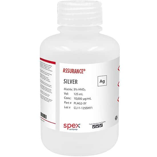 Spex PLAG2-3Y Assurance® Grade Silver, 10,000 µg/mL in 5% HNO3; 125 mL
