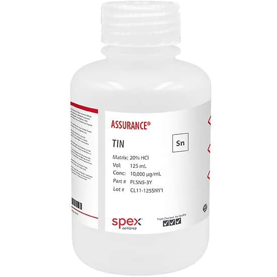 Spex PLSN5-3Y Assurance® Grade Tin, 10,000 µg/mL for AA & ICP in 20% HCl; 125 mL