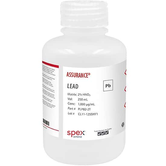 Spex PLPB2-2T Assurance® Grade Lead, 1,000 µg/mL (1,000 ppm) for AA and ICP in 2% HNO3, 250 mL