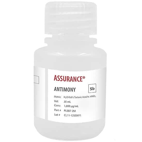 Spex PLSB7-2M Assurance® Grade Antimony, 1,000 µg/mL for AA and ICP in H2O/0.6% Tartaric Acid/tr. HNO3, 30 mL