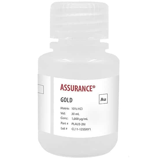 Spex PLAU3-2M Assurance® Grade Gold, 1,000 µg/mL (1,000 ppm) for AA and ICP in 10% HCl, 30 mL