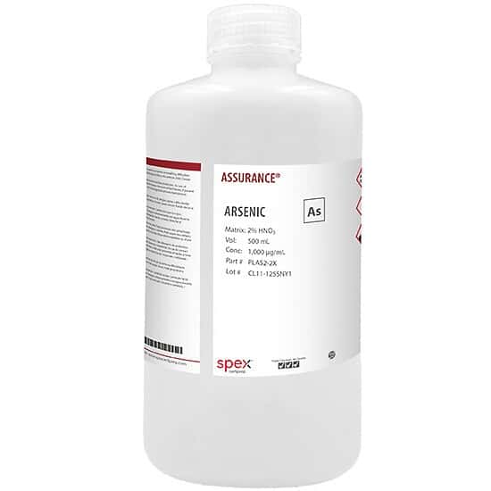 Spex PLAS2-2X Assurance® Grade Arsenic, 1,000 µg/mL (1,000 ppm) for AA and ICP in 2% HNO3, 500 mL