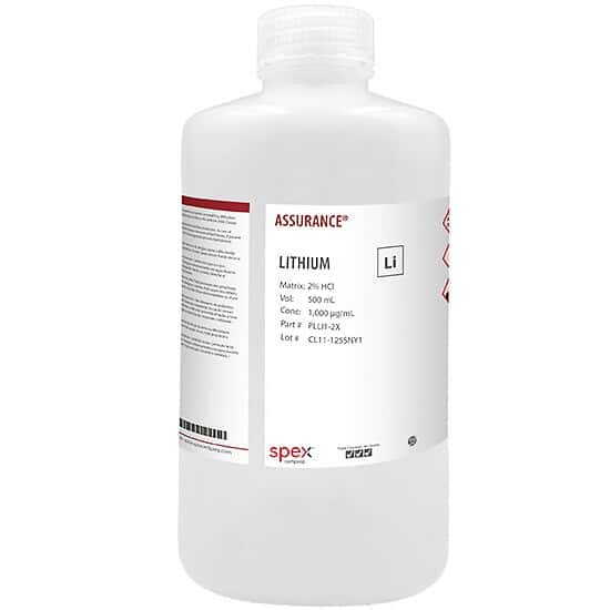 Spex PLLI1-2X Assurance® Grade Lithium, 1,000 µg/mL for AA and ICP in 2% HCl; 500 mL