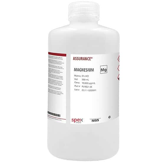 Spex PLMG1-3X Assurance® Grade Magnesium, 10,000 µg/mL for AA and ICP in 5% HCl, 500 mL