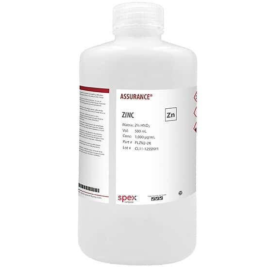 Spex PLZN2-2X Assurance® Grade Zinc, 1,000 µg/mL for AA and ICP in 2% HNO3, 500 mL