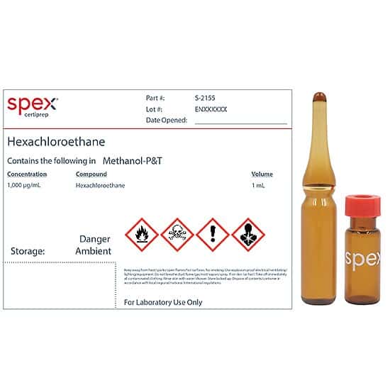 Spex S-2155 Hexachloroethane Organic Standard, 1,000 µg/mL in Methanol-P&T; 1 mL