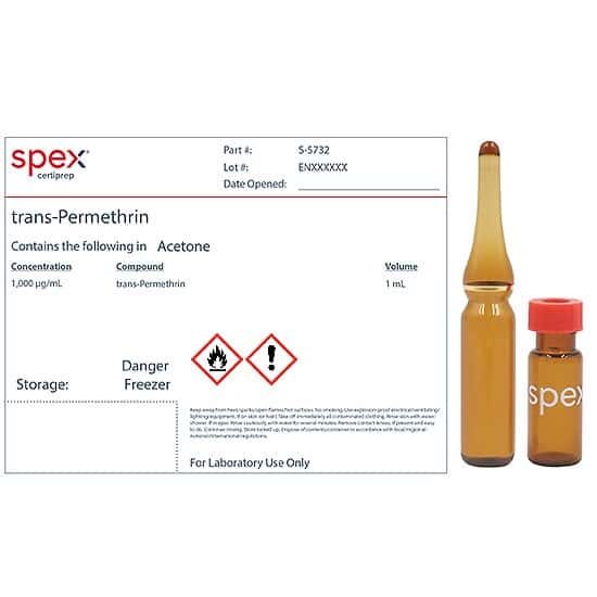 Spex S-5732 trans-Permethrin (isomeric mix), 1,000 µg/mL in Acetone; 1 mL