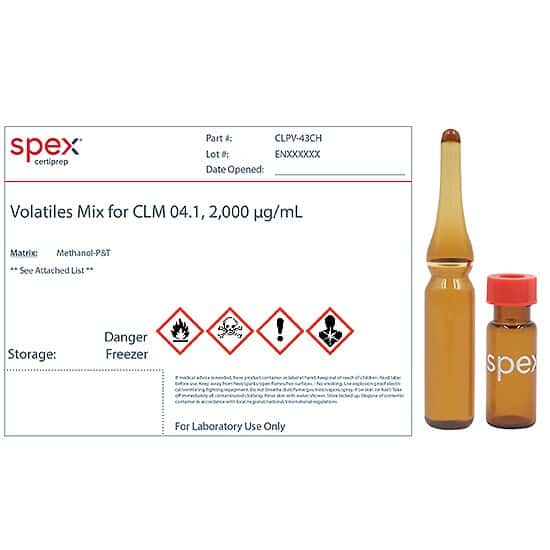 Spex CLPV-43CH Volatiles Mix for CLM 04.1, 2,000 µg/mL in Methanol-P&T; 1 mL
