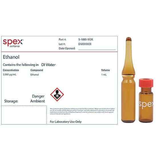 Spex S-1885-W2K Ethanol Analytical Standard for Wine, 2,000 µg/mL in DI Water; 1 mL