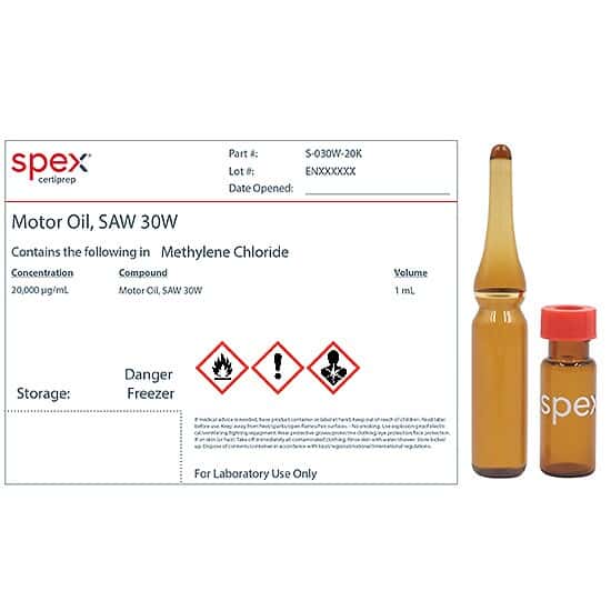 Spex S-030W-20K Motor Oil, SAW 30W Petrochemical Fuel Standard, 20,000 µg/mL; 1mL