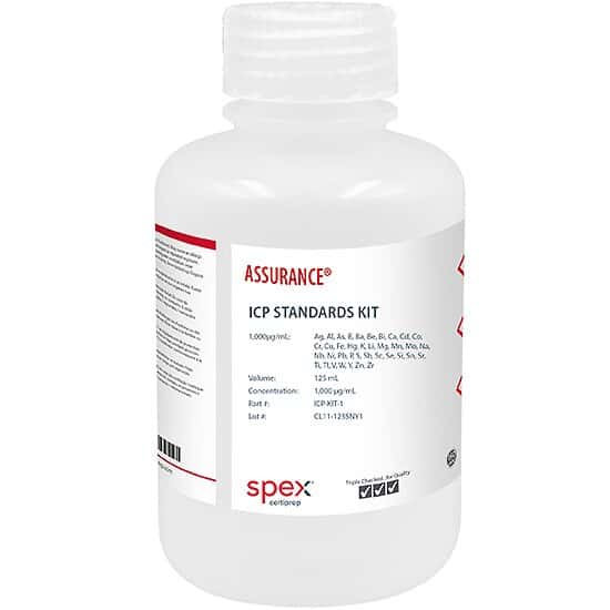 Spex ICP-KIT-1 Assurance® Grade Standards Kit, 1,000 µg/mL (1,000 ppm) for Inductively Coupled Plasma (ICP) Analysis, 125 mL