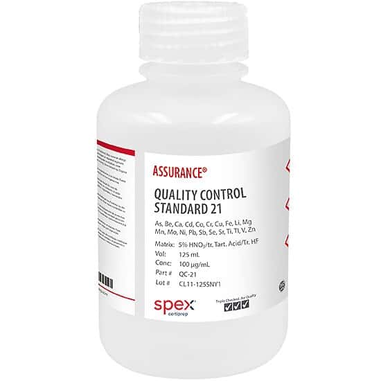 Spex QC-21 Assurance® Grade Quality Control Standard 21, 100 µg/mL (100 ppm) for AA & ICP in 5% HNO3 Tartaric Acid HF; 125 mL