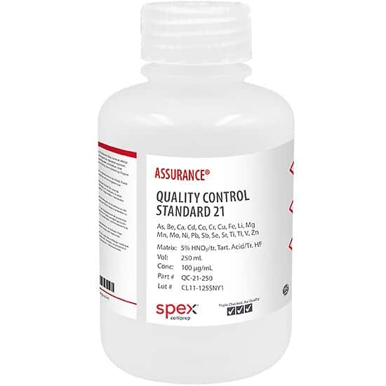 Spex QC-21-250 Assurance® Grade Quality Control Standard 21, 100 µg/mL for AA & ICP in 5% HNO3 Tartaric Acid HF; 250 mL