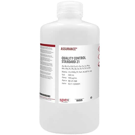 Spex QC-21-500 Assurance® Grade Quality Control Standard 21, 100 µg/mL for AA & ICP in 5% HNO3 Tartaric Acid HF; 500 mL