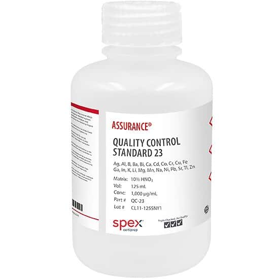 Spex QC-23 Assurance® Grade Quality Control Standard 23, 1,000 µg/mL (1,000 ppm) for AA & ICP in 10% HNO3, 125 mL