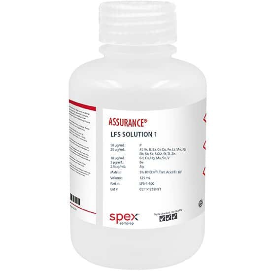 Spex LFS-1-100 Assurance® Grade LFS Solution 1 with Mercury for AA & ICP in 5% HNO3/tr. Tartaric Acid/tr. HF; 125 mL