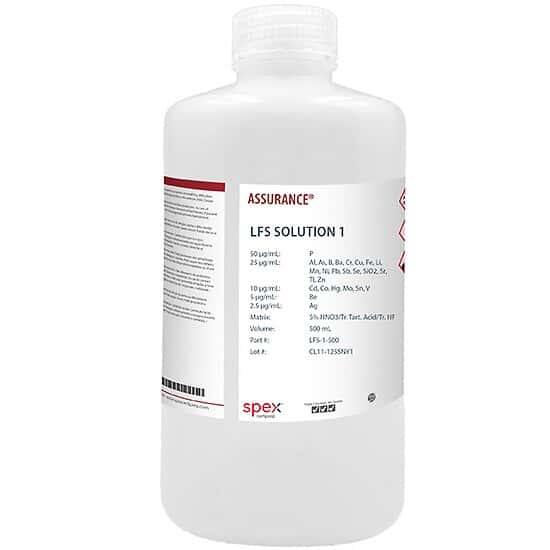 Spex LFS-1-500 Assurance® Grade LFS Solution 1 with Mercury for AA & ICP in 5% HNO3/tr. Tartaric Acid/tr. HF; 500 mL