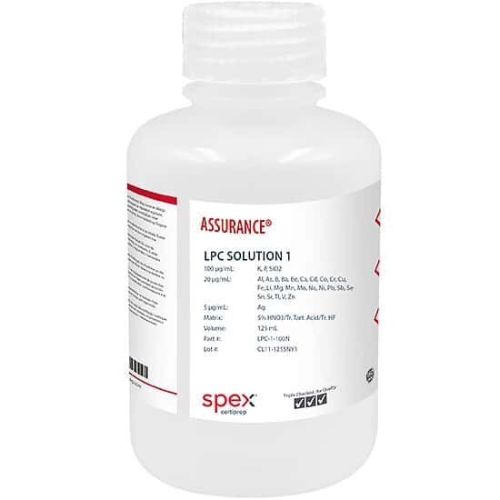 Spex LPC-1-100N Assurance® Grade LPC Standard without Mercury for AA & ICP in 5% HNO3/tr. Tartaric Acid/tr. HF, 125 mL