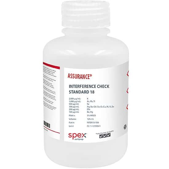 Spex INTER18-100 Assurance® Grade Interference Check Standard 18 with Mercury for AA & ICP in 5% HNO3; 125 mL