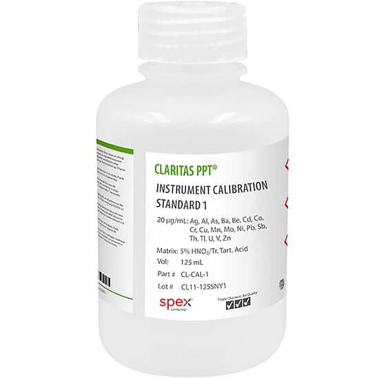 Spex CL-CAL-1 Claritas PPT® Grade ICP-MS Instrument Calibration Standard 1, 20 µg/mL, in 5% HNO3/tr. Tartaric Acid; 125 mL