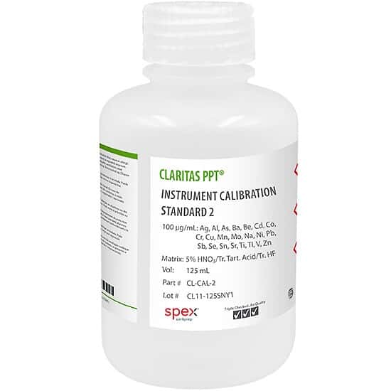 Spex CL-CAL-2 Claritas PPT® Grade ICP-MS Instrument Calibration Standard 2, 100 µg/mL, in 5% HNO<sub>3</sub>/tr. Tartaric Acid/tr. HF; 125 mL