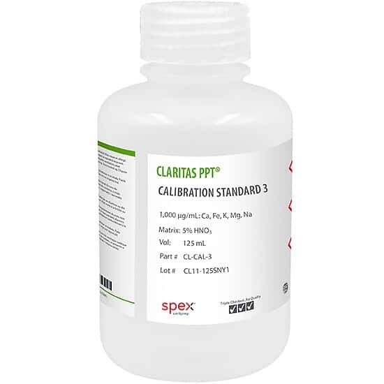 Spex CL-CAL-3 Claritas PPT® Grade ICP-MS Instrument Calibration Standard 3, 1,000 µg/mL, in 5% HNO3; 125 mL