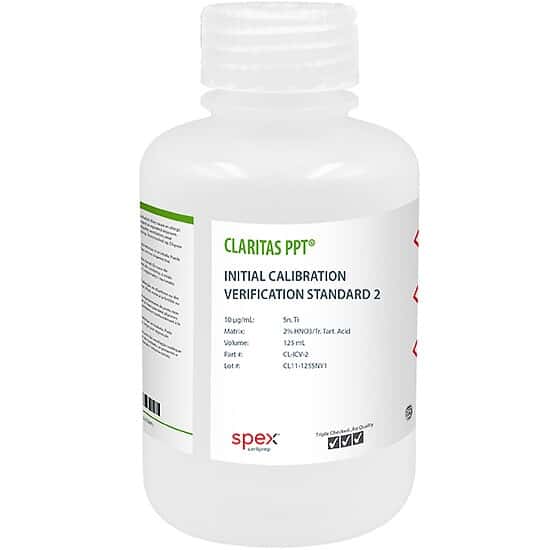 Spex CL-ICV-2 Claritas PPT® Grade ICP-MS Initial Calibration Verification Standard 2, 10 µg/mL (10 ppm) in 2% HNO3/tr. HF, 125 mL