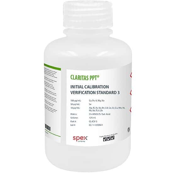 Spex CL-ICV-3 Claritas PPT® Grade ICP-MS Initial Calibration Verification Standard 3 in 5% HNO3/tr. Tartaric Acid, 125 mL