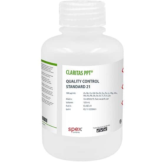Spex CL-QC-21 Claritas PPT® Grade ICP-MS Quality Control Standard 21, 100 µg/mL (100 ppm) in 5% HNO3/tr. Tartaric Acid/tr. H, 125 mL
