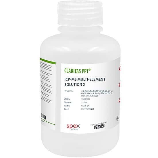 Spex CLMS-2N Claritas PPT® Grade ICP-MS Multi-Element Solution 2 without Mercury, 10 µg/mL (10 ppm) in 5% HNO3, 125 mL