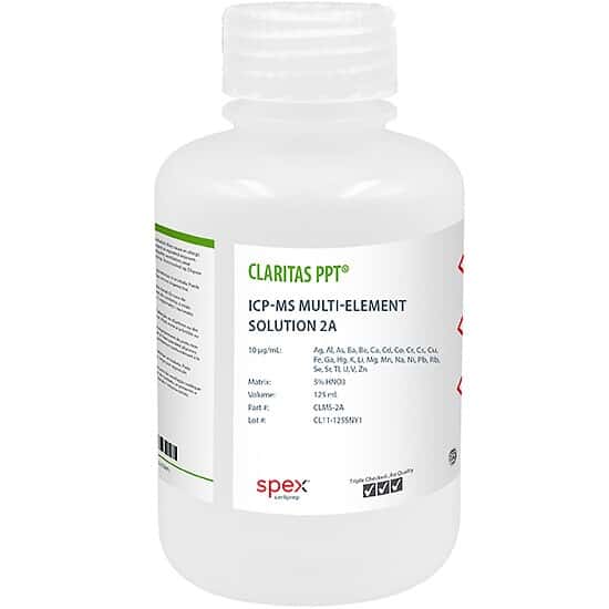 Spex CLMS-2A Claritas PPT® Grade ICP-MS Multi-Element Solution 2A with Mercury, 10 µg/mL (10 ppm) in 5% HNO3, 125 mL