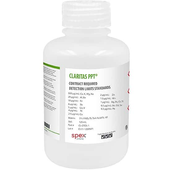 Spex CL-CRDL-1 ICP-MS Contract Required Detection Limit (CRDL) Standard 1 in 5% HNO3/tr. Tartaric Acid/tr. HF; 125 mL
