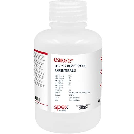 Spex USP-PARENT3 USP <232> Revision 40, Parenteral Mix 3 Elemental Impurities; 125 mL