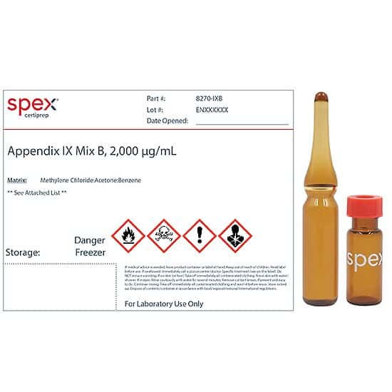 Spex 8270-IXB-PK Appendix IX Mix B for US EPA Method 8270, 2,000 µg/mL; 1 mL; 4/pk