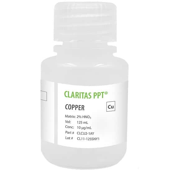 Spex CLCU2-1AY Claritas PPT® Grade Copper, 10 µg/mL for ICP-MS in 2% HNO3; 125 mL