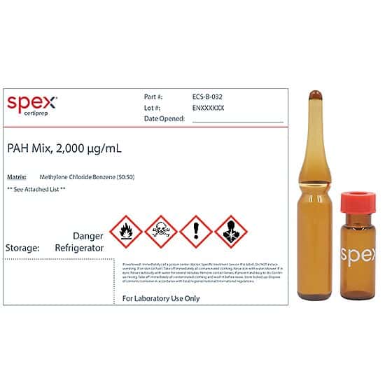 Spex ECS-B-032 PAH Mix, 2,000 µg/mL in Methylene Chloride:Benzene, 1.8 mL; 3/PK