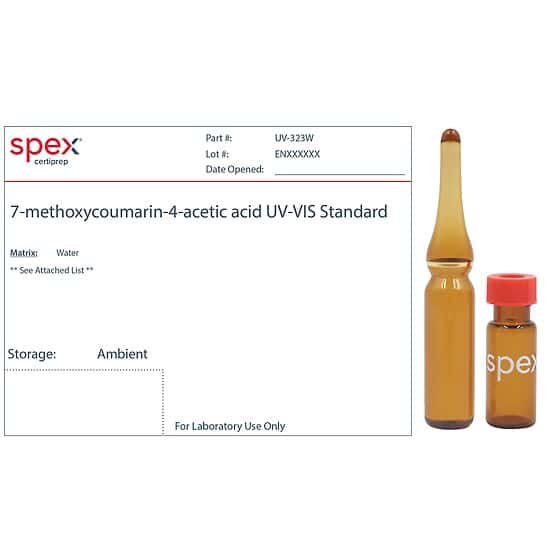 Spex CertiPrep UV323W 7methoxycoumarin4acetic acid UVVIS Standard, 41 ppm, in Water; 3.5 mL