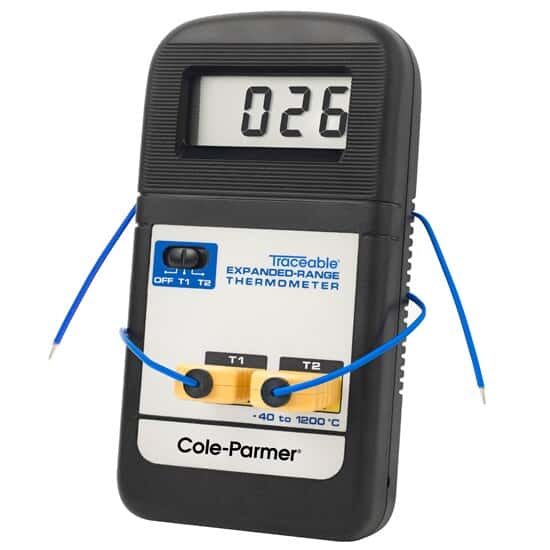 Traceable Dual-Input Expanded Range Type K Thermocouple Thermometer; Celsius