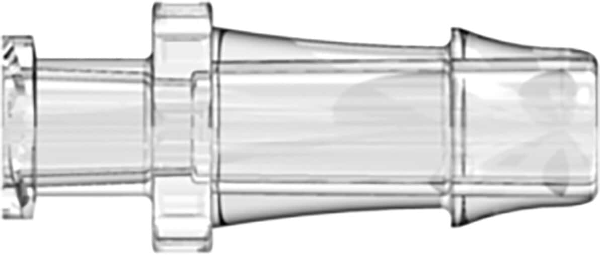 Value Plastics Luer to Hose Barb Fitting, Straight Adapter, Clear Polycarbonate, Female Luer Thread x 500 Series Barb 1/4
