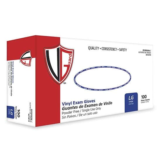 Vanguard Safety PowderFree Vinyl Exam Gloves, 4 mil, Clear, Large