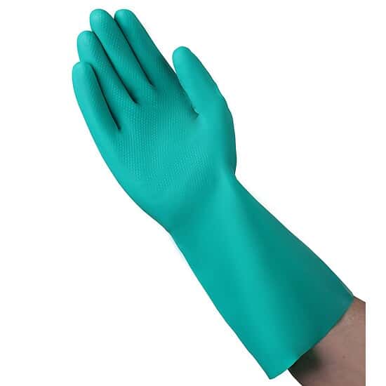 Vanguard Safety Nitrile Unlined Gloves, 11 mil, 13" Cuff, Green, Medium