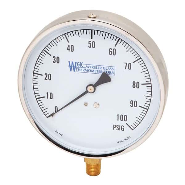 Weksler EA14C Contractor's Pressure Gauge, 0 to 100 psi, 1/4" NPT(M) from ColeParmer